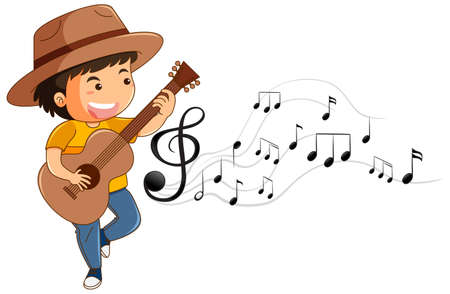 Cartoon character of a boy playing guitar with melody symbols  illustrationのイラスト素材