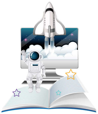 Computer monitor with space ship and astronaut illustrationのイラスト素材