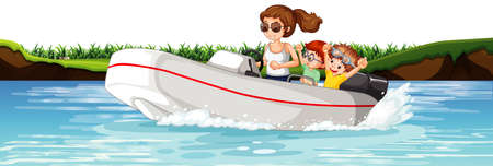 A woman driving speedboat with children in the river illustrationのイラスト素材