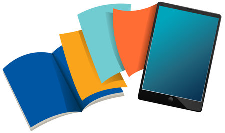Tablet with many colour books illustrationのイラスト素材