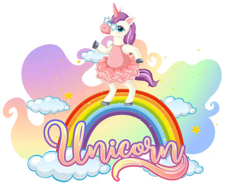 Cartoon character of unicorn standing on rainbow with unicorn font illustrationのイラスト素材