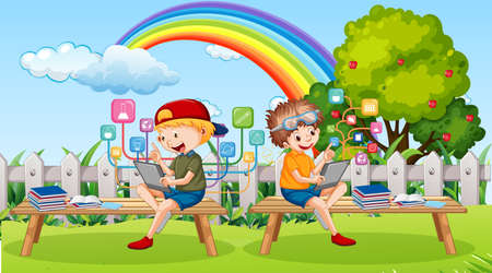 Kids leaning online with tablet in the park illustrationのイラスト素材