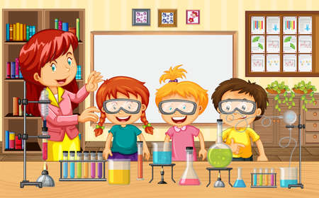 Classroom scene with a teacher and children doing science experiment illustrationのイラスト素材