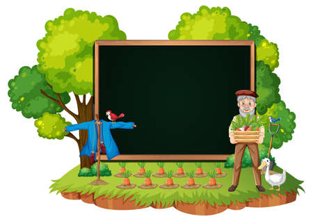 Empty banner template with old farmer man in the garden scene isolated  illustrationのイラスト素材