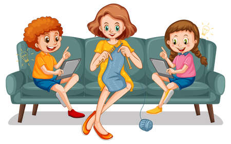 Children learning from home on electronic device illustrationのイラスト素材