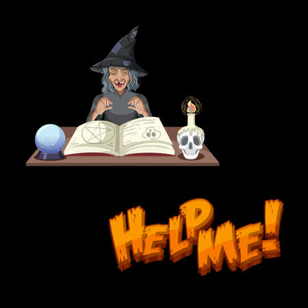 Help me font with old witch cartoon character illustrationのイラスト素材