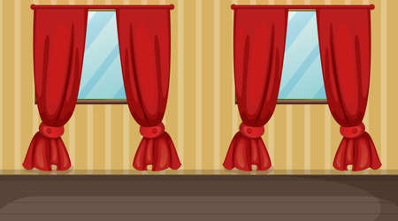 Empty room with yellow striped and red curtains illustrationのイラスト素材