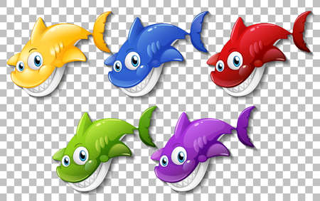 Set of many smiling cute shark cartoon character isolated on transparent background illustrationのイラスト素材