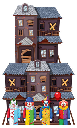 Creepy clowns standing in front of an abandoned building illustrationのイラスト素材
