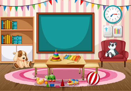 Empty kindergarten classroom interior with chalkboard and kid toys illustrationのイラスト素材