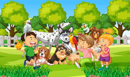 Park outdoor scene with many children and their pet illustrationのイラスト素材