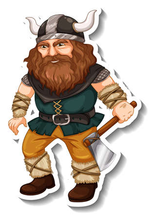 Sticker template with Viking warrior cartoon character isolated illustrationのイラスト素材