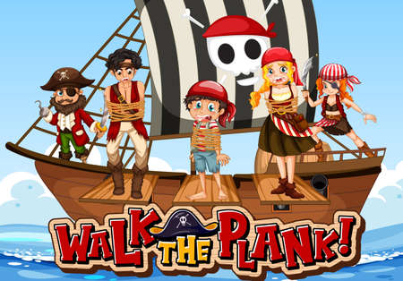 Many pirates cartoon character on the ship with walk the plank font banner illustrationのイラスト素材