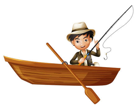 A man holding rod on wooden boat illustrationのイラスト素材