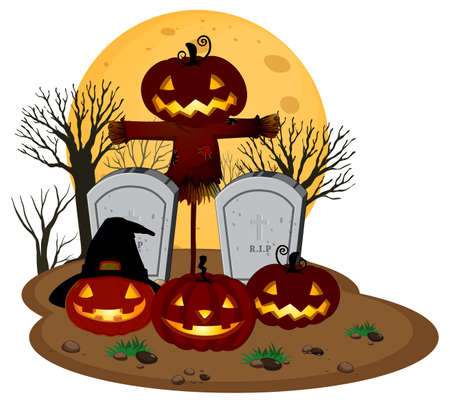 Happy Halloween with Jack-o'-lantern at graveyard illustrationのイラスト素材