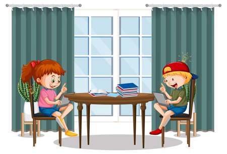 Children learning from home on electronic device illustrationのイラスト素材