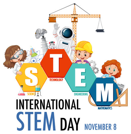 International STEM Day banner with kids cartoon character illustrationのイラスト素材