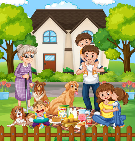 Happy family standing outside home with their pets illustrationのイラスト素材