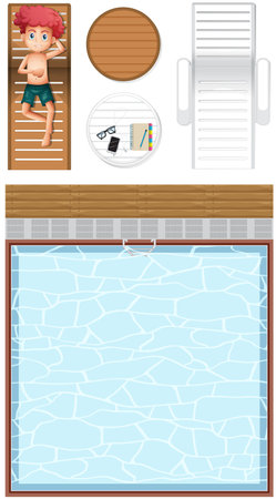 Top view of swimming pool and a boy cartoon character illustrationのイラスト素材