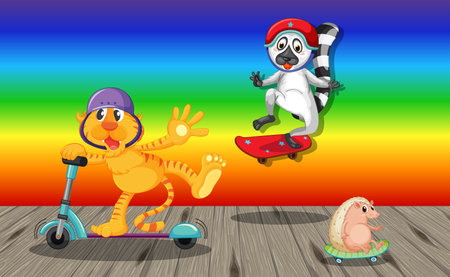 Funny animals doing different activities on rainbow gradient background illustrationのイラスト素材