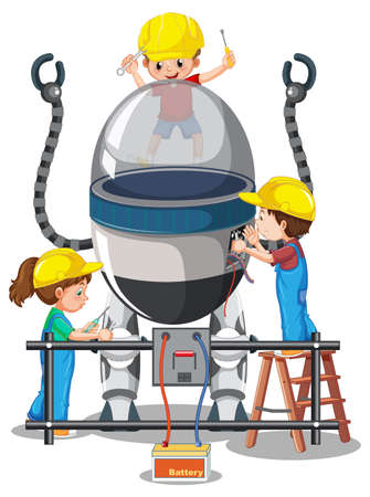Children building robot together on white background illustrationのイラスト素材