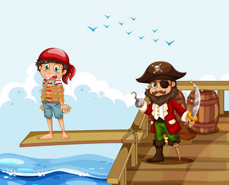 Scene with a poor boy walking the plank on the ship illustrationのイラスト素材