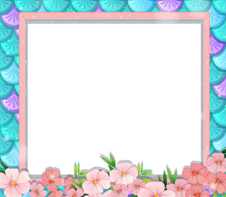 Blank banner on rainbow fish scales background with many flowers illustrationのイラスト素材
