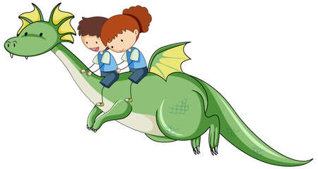 Little kids riding a dragon cartoon character illustrationのイラスト素材