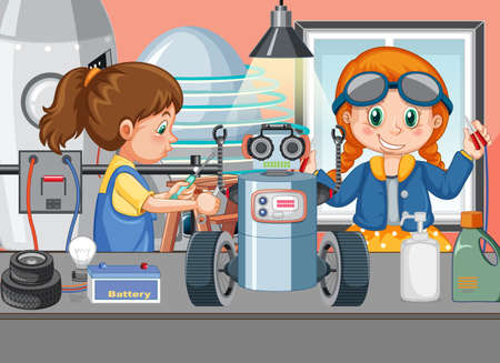 Scene with children repairing robot together illustrationのイラスト素材