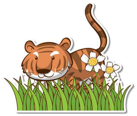 Tiger standing in a grass field sticker illustrationのイラスト素材