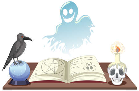 Halloween ghost spirit with witch objects illustrationのイラスト素材