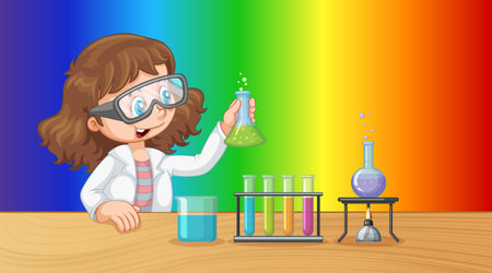 Scientist girl cartoon character on rainbow gradient background illustrationのイラスト素材