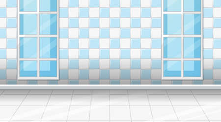 Empty room with white tiles floor and blue checkered wall  illustrationのイラスト素材