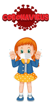 Coronavirus font design with a girl wearing medical mask on white background illustrationのイラスト素材