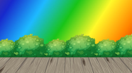 Bush and wood floor on rainbow gradient background  illustrationのイラスト素材
