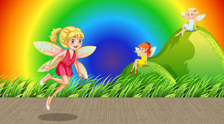 Fairies cartoon character on rainbow gradient background illustrationのイラスト素材