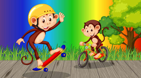 Monkeys doing different activities on rainbow gradient background illustrationのイラスト素材