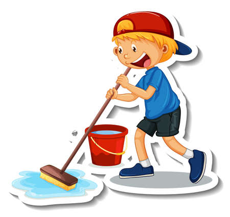 Sticker template with a boy cleaning cartoon character isolated illustration