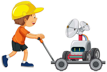 A boy pushing trolley with car toy illustrationのイラスト素材