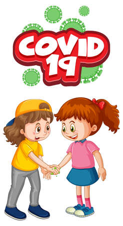 Two kids cartoon character do not keep social distance with Covid-19 font isolated on white background illustrationのイラスト素材
