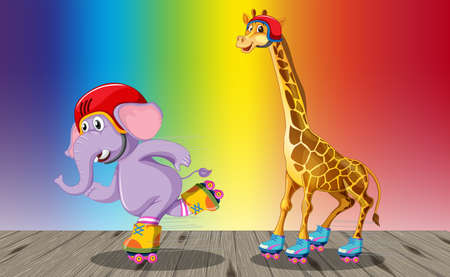 Giraffe and elephant playing roller skate on rainbow gradient background illustrationのイラスト素材