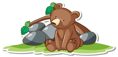 Cute grizzly bear in sitting pose sticker illustrationのイラスト素材