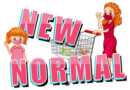 New Normal with a woman and a girl push shopping cart illustrationのイラスト素材