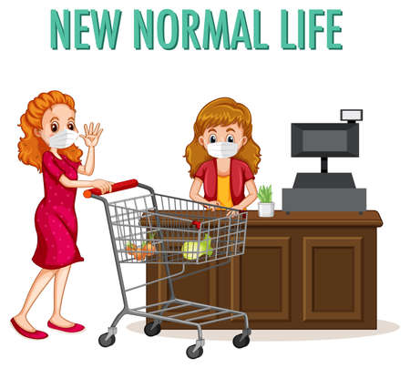 New normal life with a woman wearing face mask while shopping illustrationのイラスト素材
