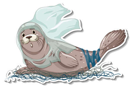 Seal stuck with plastic waste on white background illustrationのイラスト素材