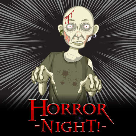Horror Night text design with creepy zombie on dark rays illustrationのイラスト素材