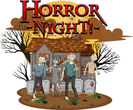 Horror Night text design with Haunted House illustrationのイラスト素材
