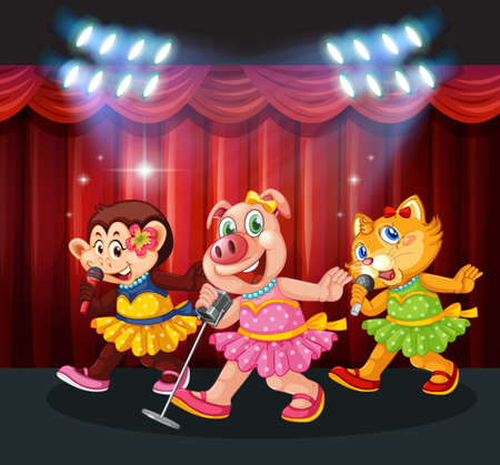 Little cute animals singing on stage illustrationのイラスト素材