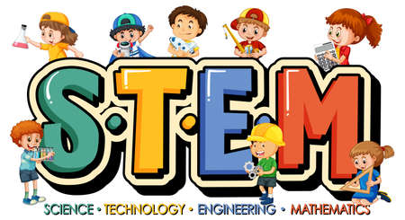 STEM education logo with many children cartoon character illustrationのイラスト素材