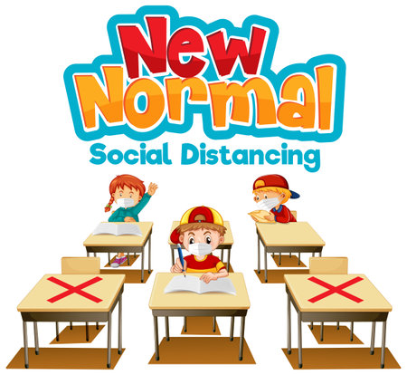 New Normal with students keep social distancing in the classroom illustrationのイラスト素材